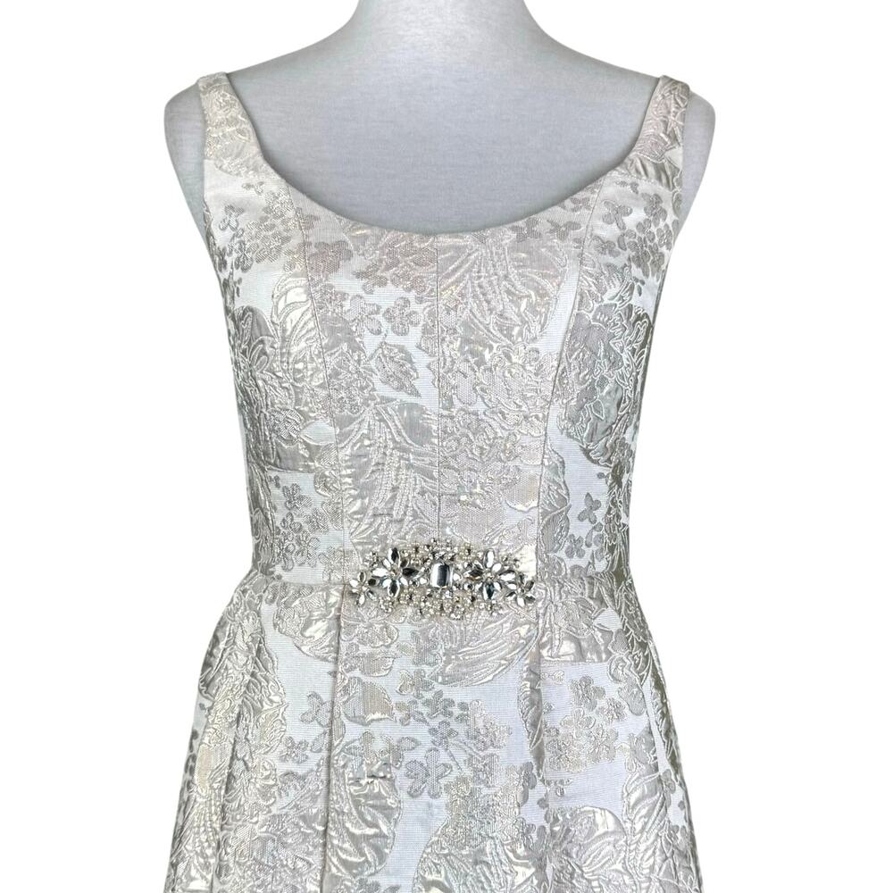 Betsy & Adam Silver Metallic Floral Jacquard Embellished High Low Wedding Gown - Picture 4 of 14